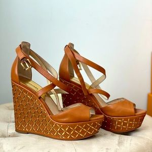 Michael Kors tan and gold logo peep toe wedge